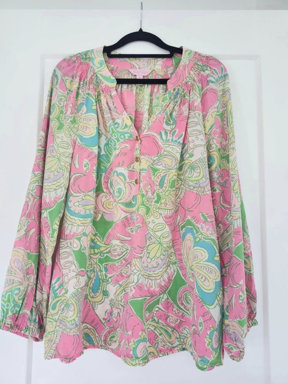 Lilly Pulitzer Elsa Silk Top Paisley Blouse Pink & Green Medium